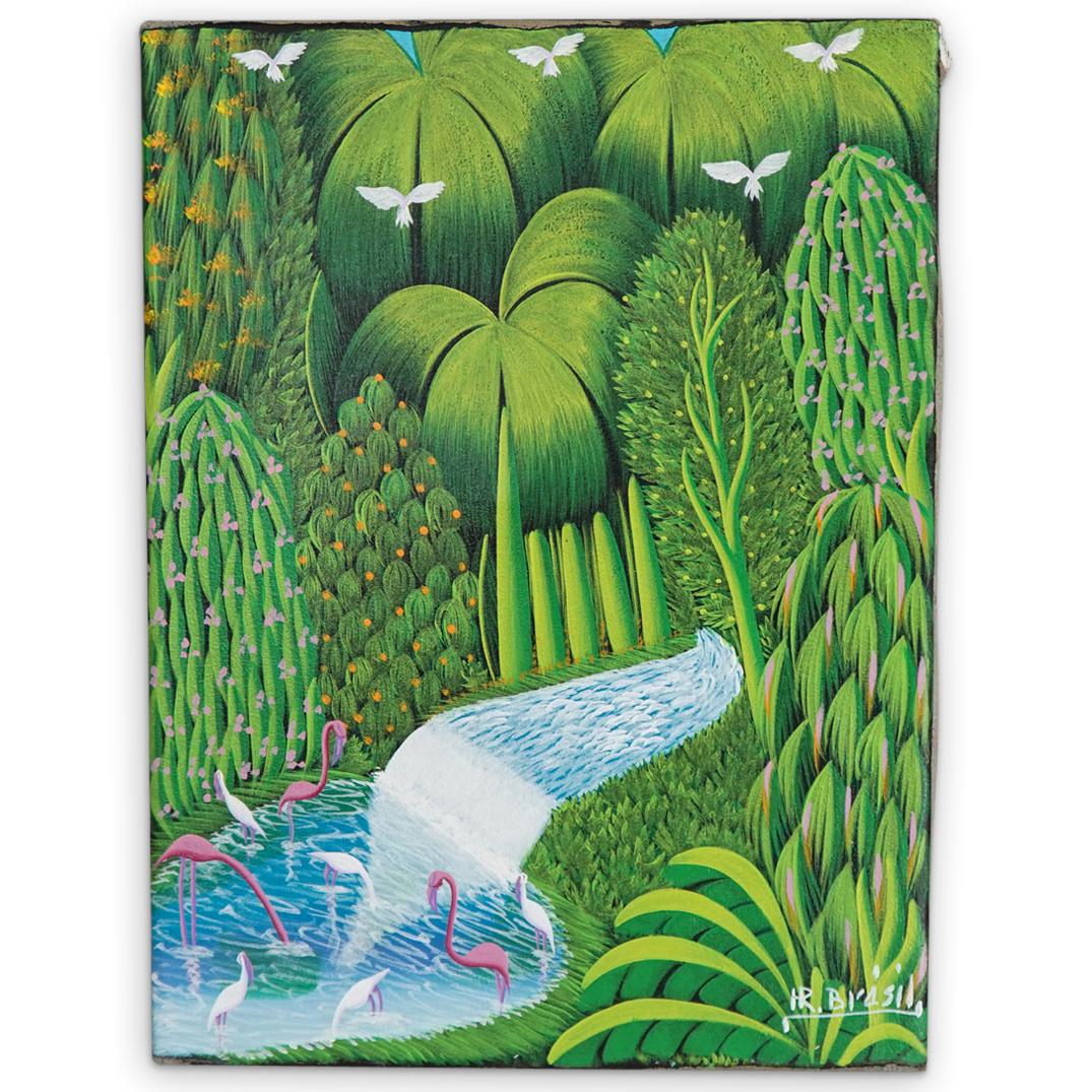 H.R. Bresil (Haiti, 1952 - 1999) Original Acrylic on Canvas: DESCRIPTION: Haitian Henri Robert Bresil (1952 - 1999) original acrylic on canvas painting depicting an exuberant horizontal tropical jungle landscape with crystalline water cascade surrounded by bird