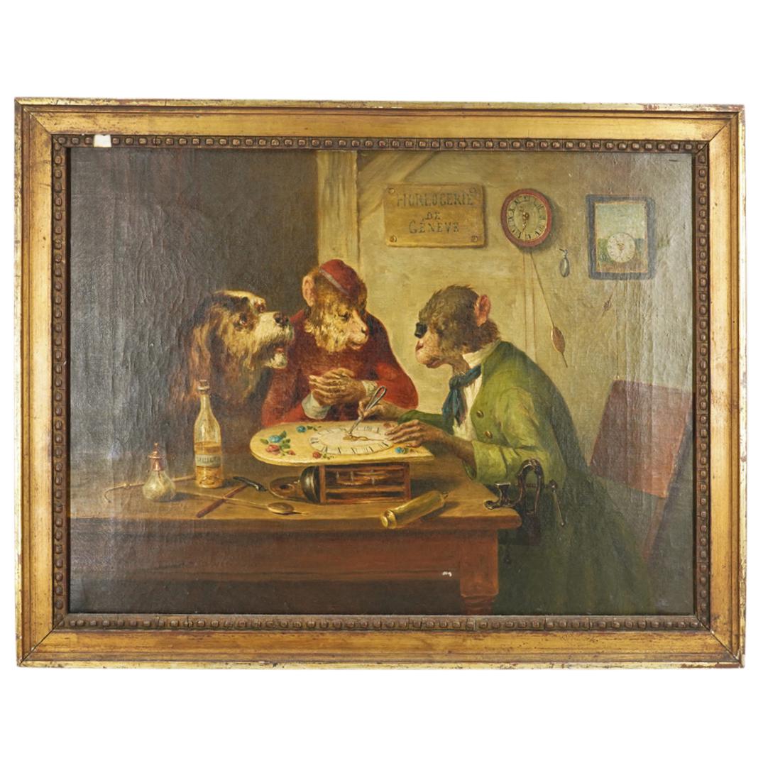 Signed C.Dullain Animal Clockmaker Oil On Canvas (1 of 6)