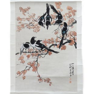 Xu Beihong Chinese Watercolor Scroll: DESCRIPTION: A Chinese watercolor painting scroll by Xu Beihong (1895-1953). Depicts various black crows perched on floral branches. The painting on paper is mounted onto a floral-textured paper scrol