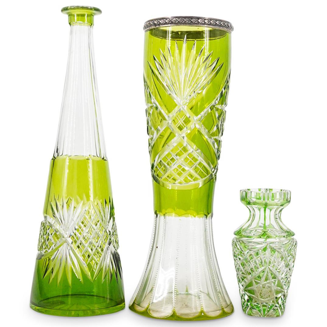 (3 Pc) Val St. Lambert Green Crystal Cut To Clear Vases & Decanter (1 of 13)