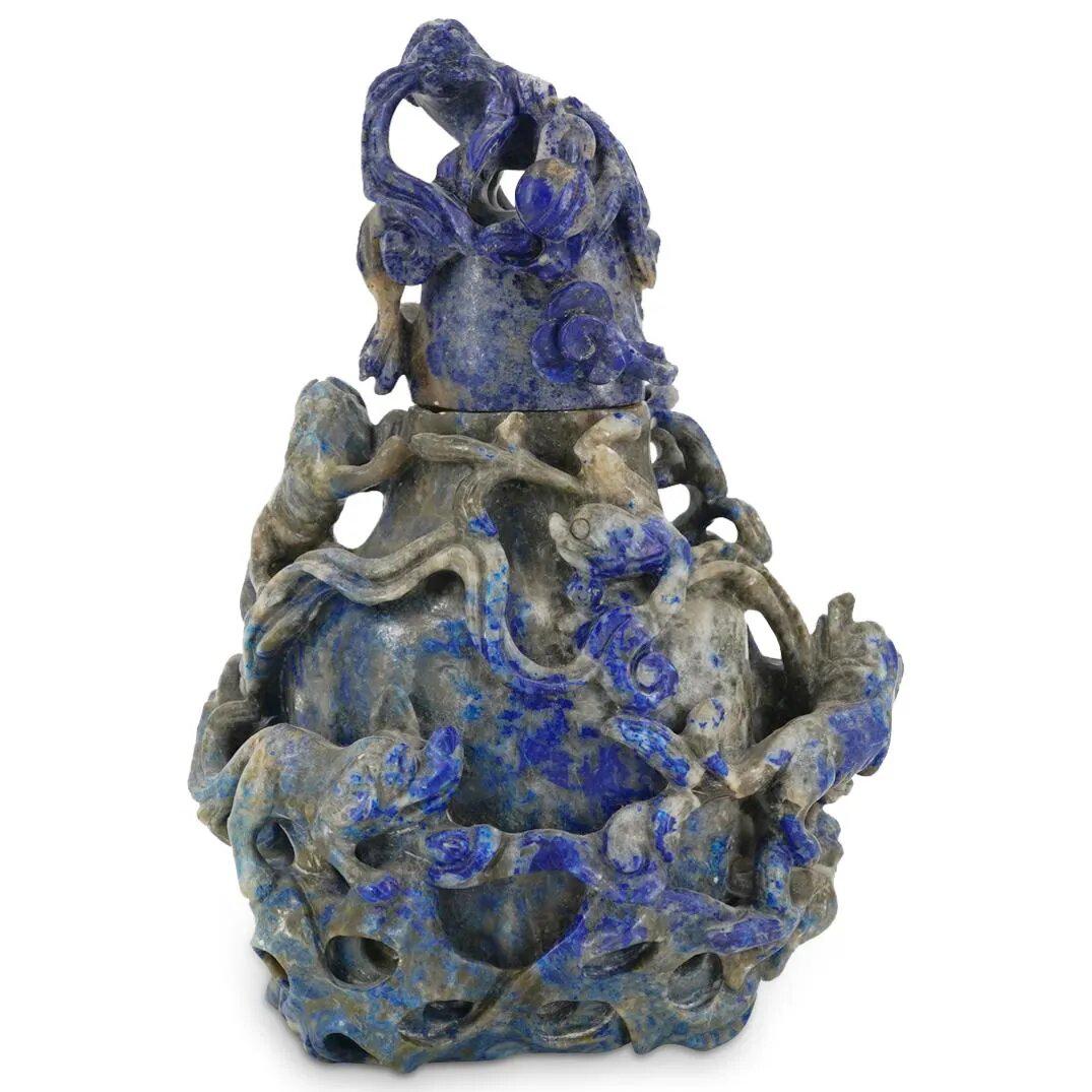 Chinese Lapis Carved Foo Lion Urn (1 of 3)