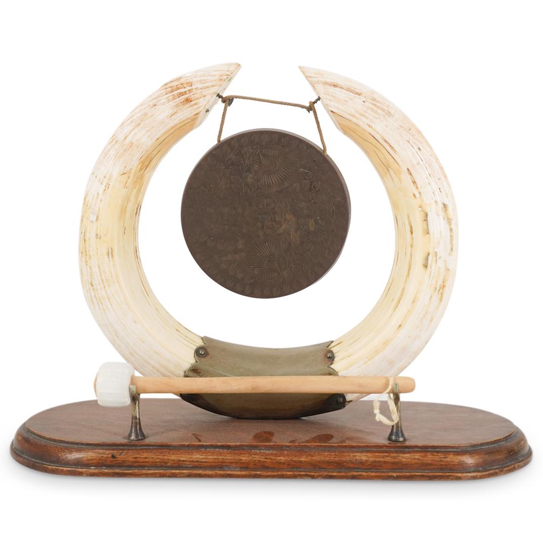 Vintage Indo Persian Etched Brass Gong Hung On Carved Horn (1 of 6)