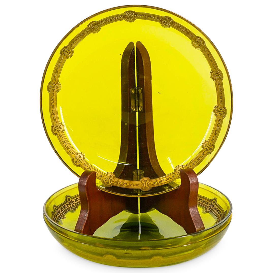 (3 Pc) Moser Bohemian Glass Gilt Accented Olive Green Plates (1 of 6)