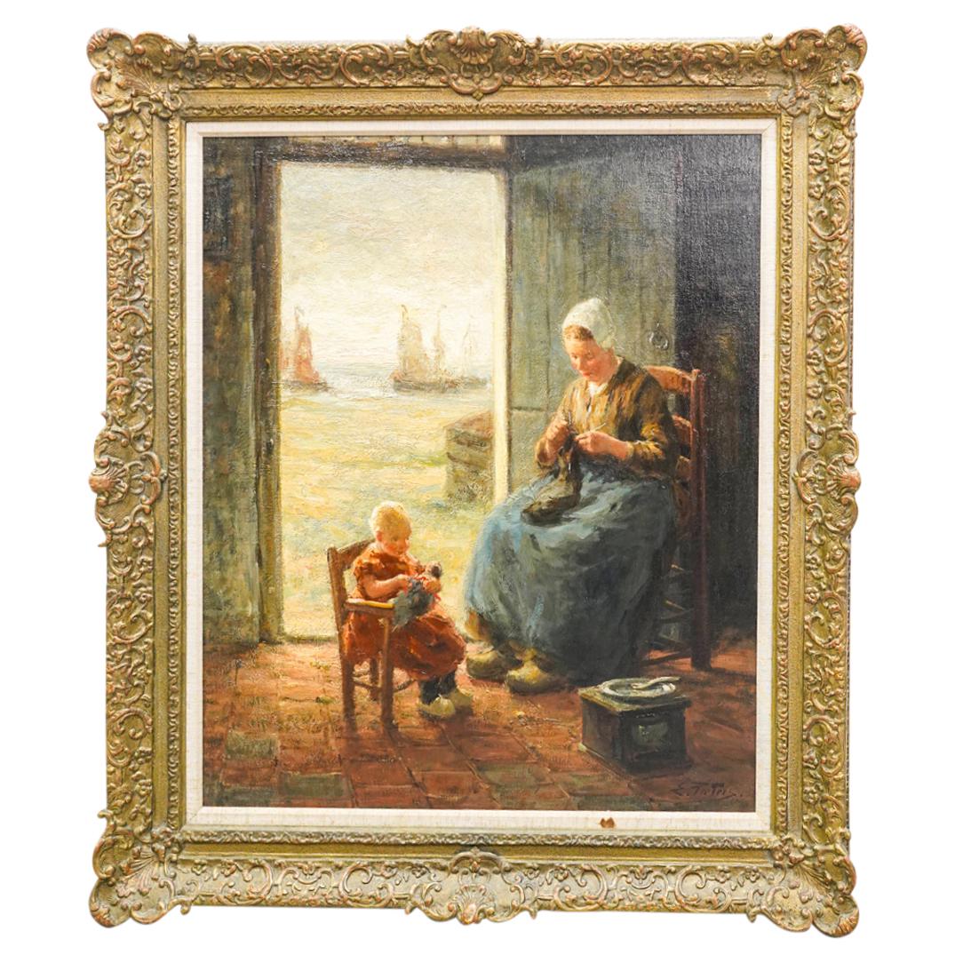 Evert Pieters (Dutch, 1856-1932) Mother & Child Oil Painting: DESCRIPTION: Evert Pieters (Dutch, 1856-1932) Oil on canvas painting depciting a mother and child seated within an open front door interior setting, signed lower right: "E. Pieters". Mounted in gilt c