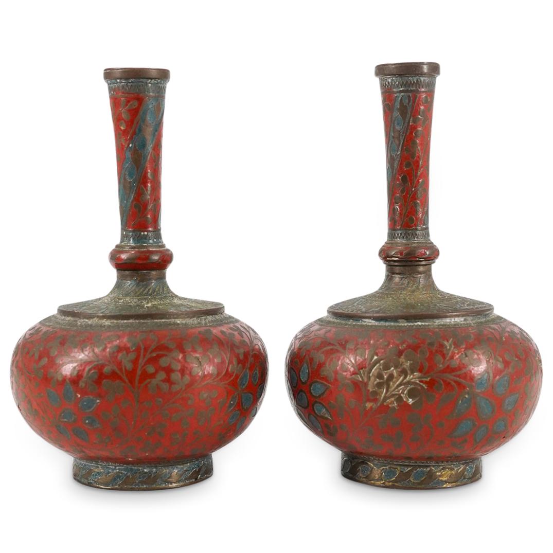 Anglo Indian Enameled Bronze Bottle Neck Vases (1 of 4)