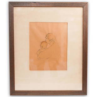 Signed Max Weber Watercolor & Ink Drawing: DESCRIPTION: A signed Max Weber "Woman and Little Girl" watercolor and ink drawing painting. This is a sketch depicting a mother holding a baby. It is signed in lower right corner with the inscription