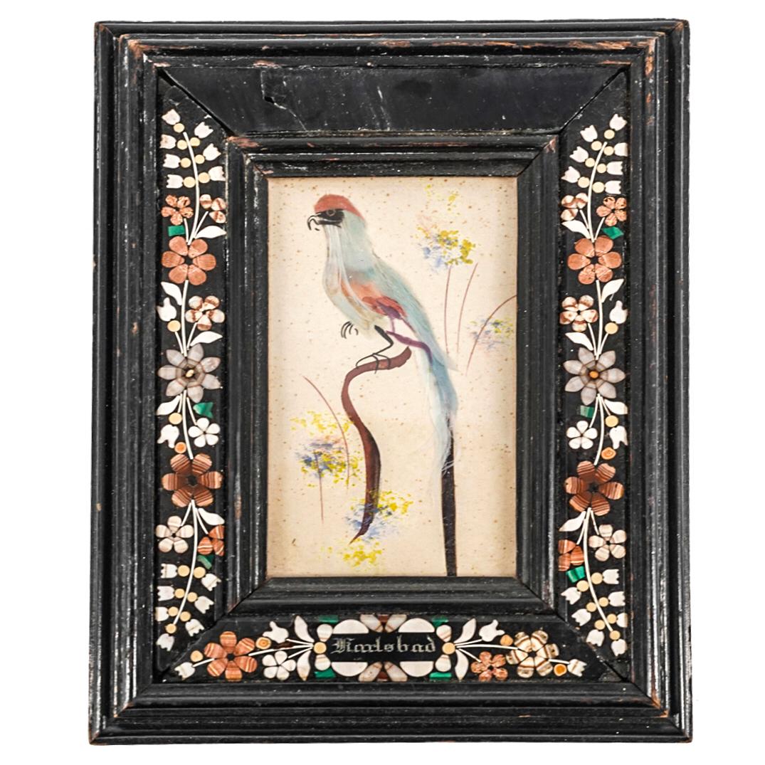 Antique Karlsbad Pietra Dura Inlaid Wooden Frame: DESCRIPTION: Antique Karlsbad Pietra Dura frame with semi gemstone inlay floral motifs. The frame displays a bird motif illustration with attached original feathers. The frame is decorated with intric