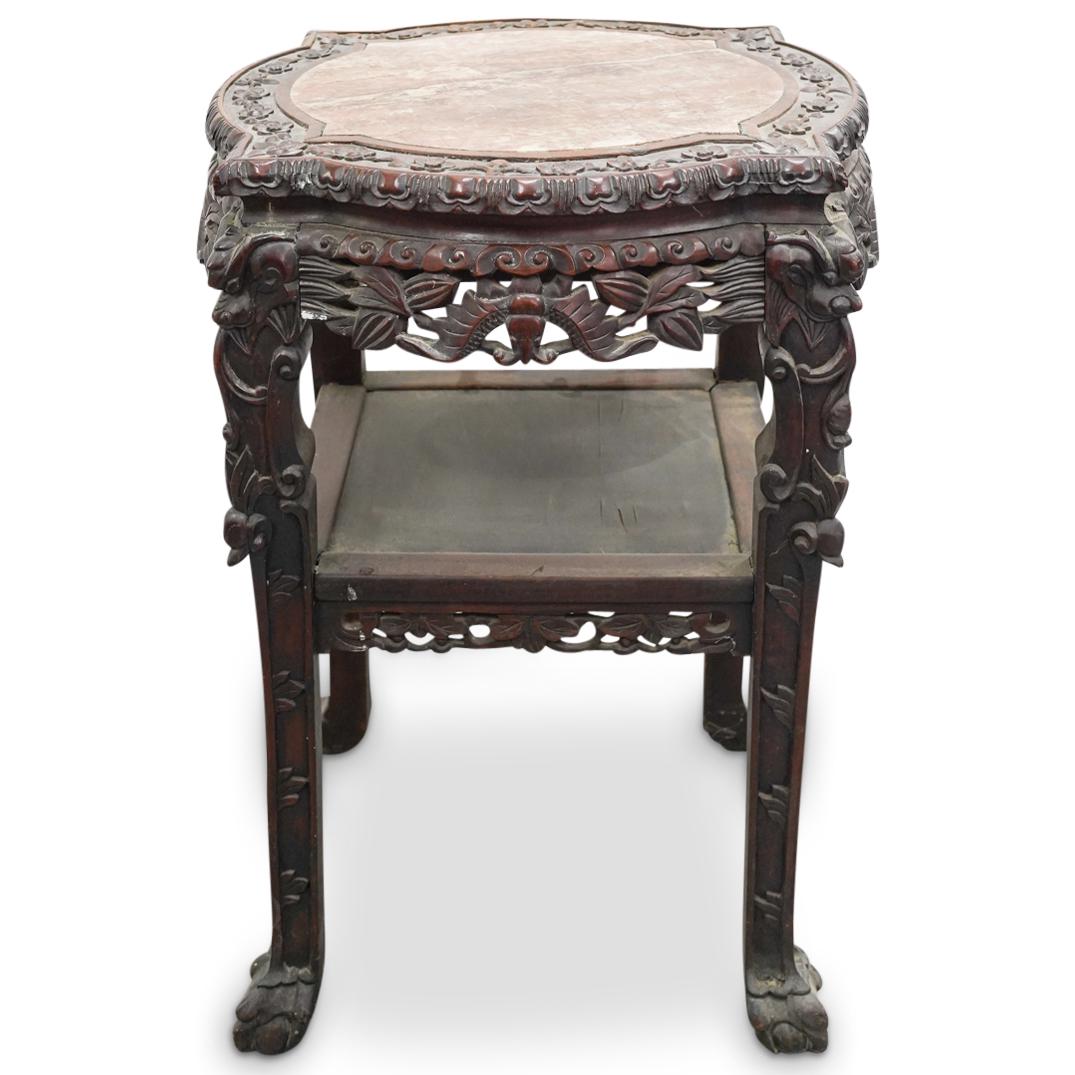 Antique Chinese Marble Top Two Tier Carved Wood Table (1 of 8)