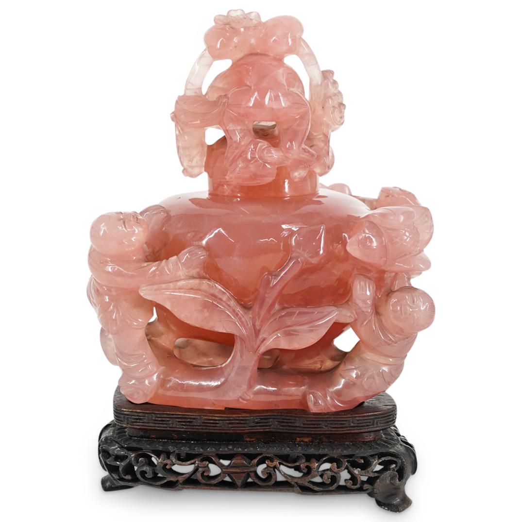 Chinese Carved Rose Quartz Urn (1 of 7)