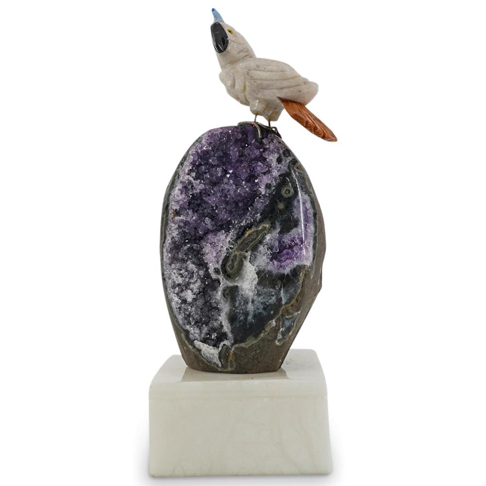 Lidded Box W/ Semi Precious Stone Parrot Atop Amethyst Cluster Base (1 of 7)