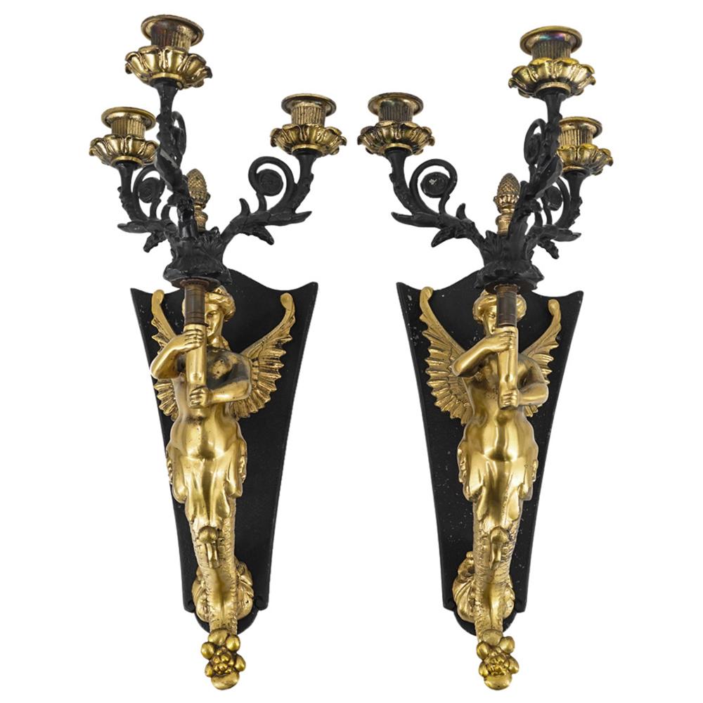 Pair of Figural Spelter Melusine Candelabra Wall Sconces (1 of 6)