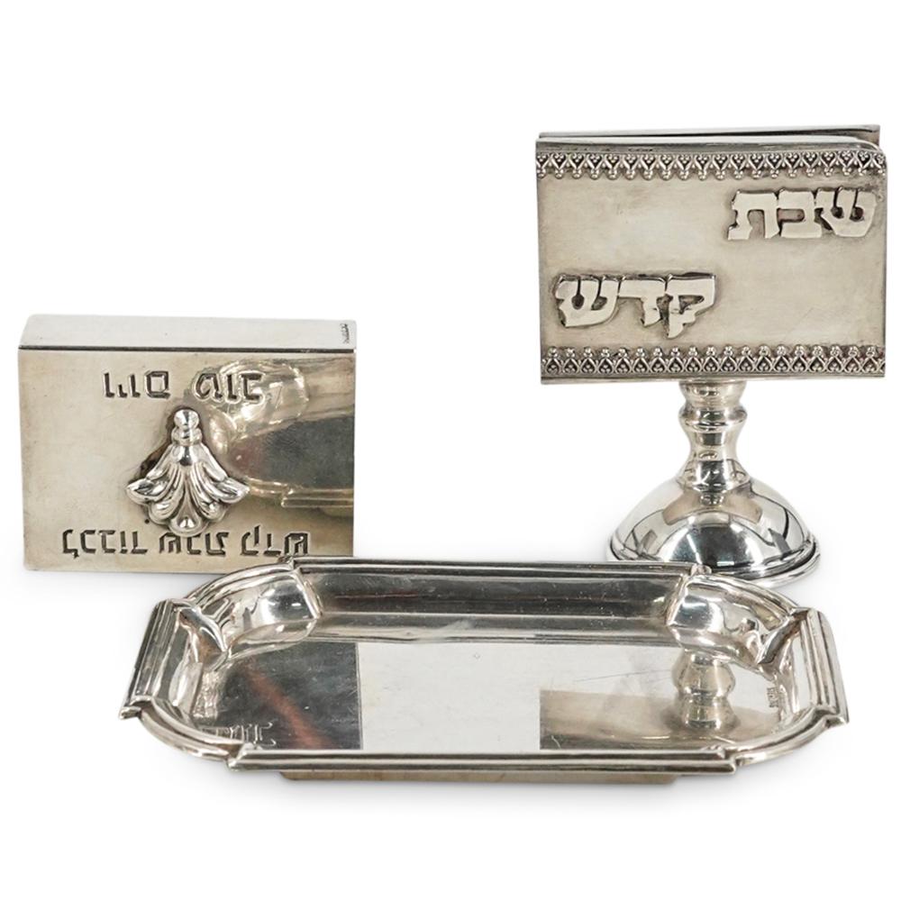 (3 Pc) Israeli Shabbat Sterling Silver Matchbox Holders And Plate (1 of 11)