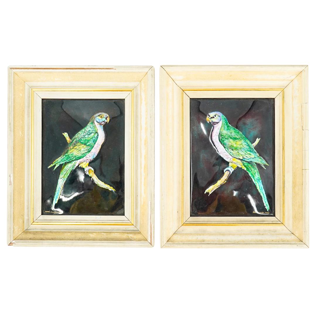 (2 Pc) Camille Faure (French 1874) Glazed Limoges Parrot Plaques (1 of 15)
