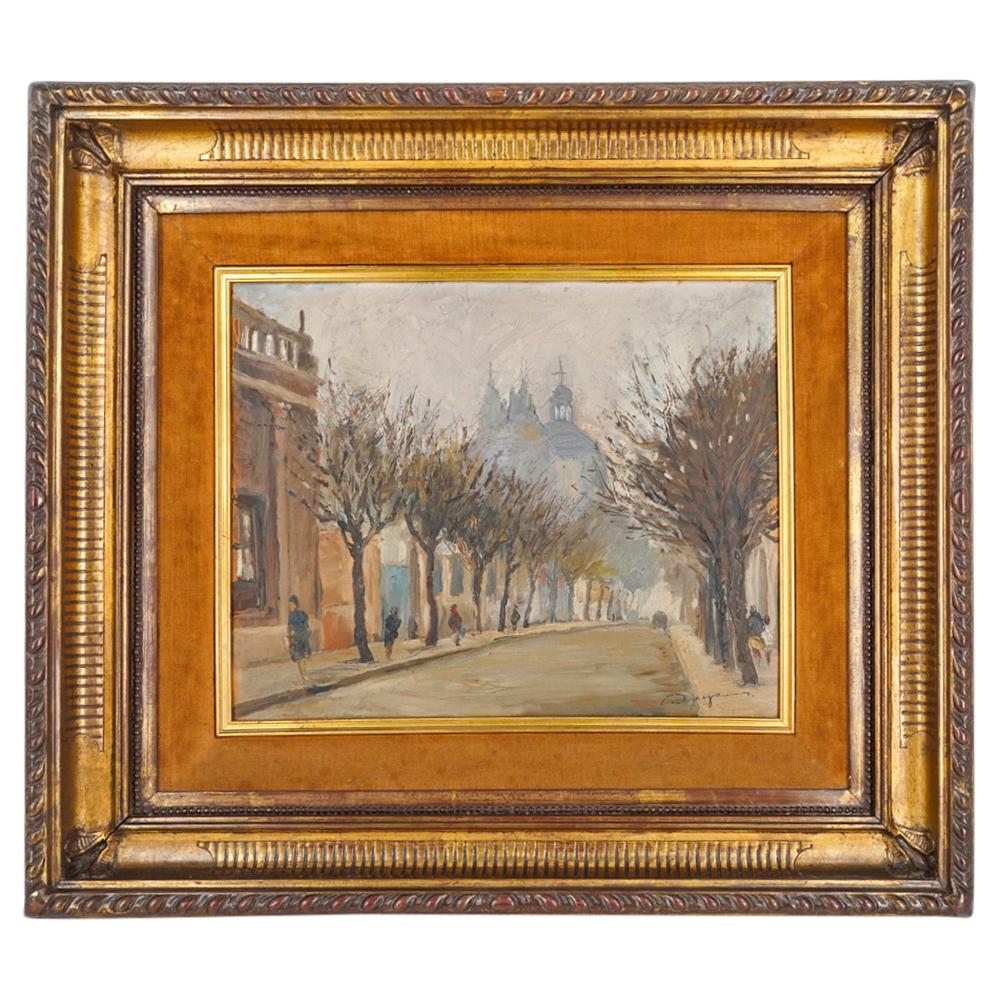 Francisco Reyes (Argentine, 1915-1988) City Street Oil On Board: DESCRIPTION: Oil on board painting by Spanish-born Argentine artist Francisco Reyes depicting a city street occupied on its sidewalks by pedestrians and brown leaved trees. Signed at lower right; vers