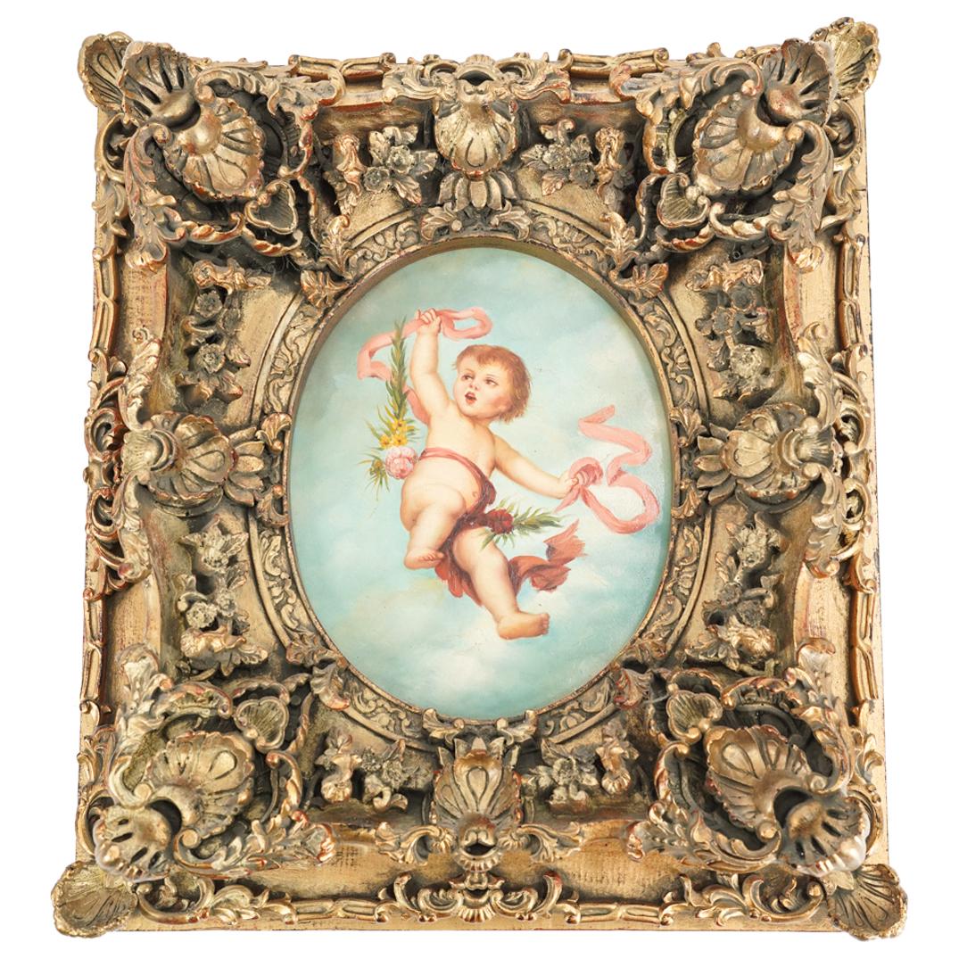 Antique Cherub Oil Painting On Board (1 of 4)