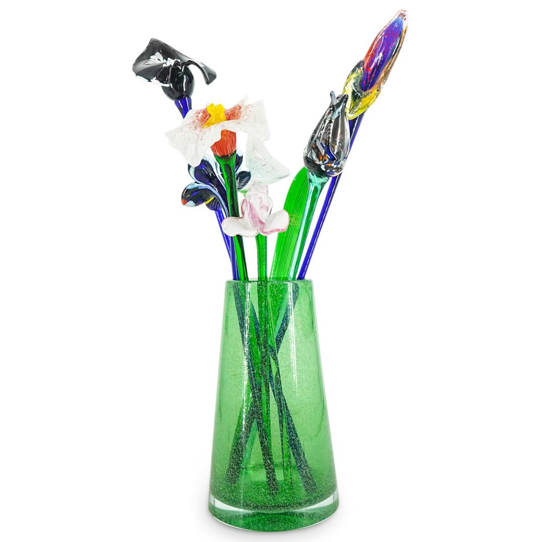 (9 Pc) Murano Glass Vase W/ Glass Flowers Bouquet (1 of 9)