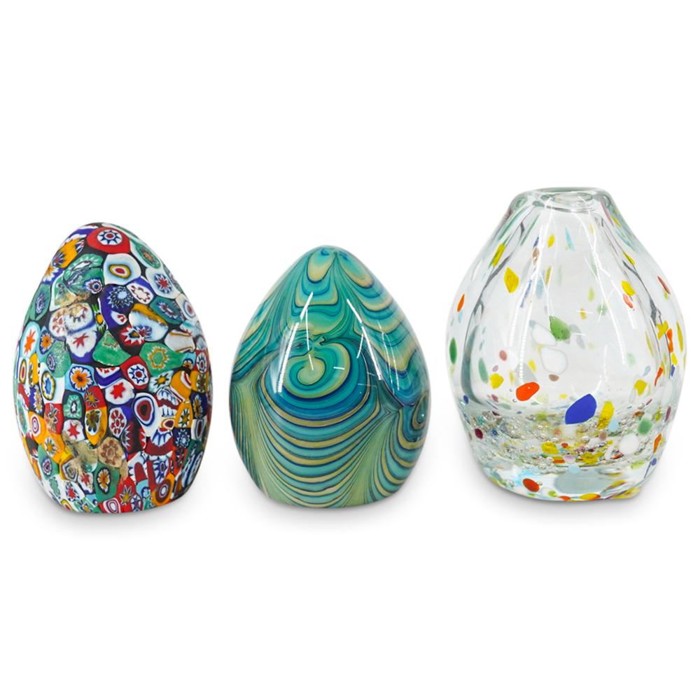 (3 Pc) Murano Art Glass Egg-Shaped Paperweights & Mini Vase (1 of 8)
