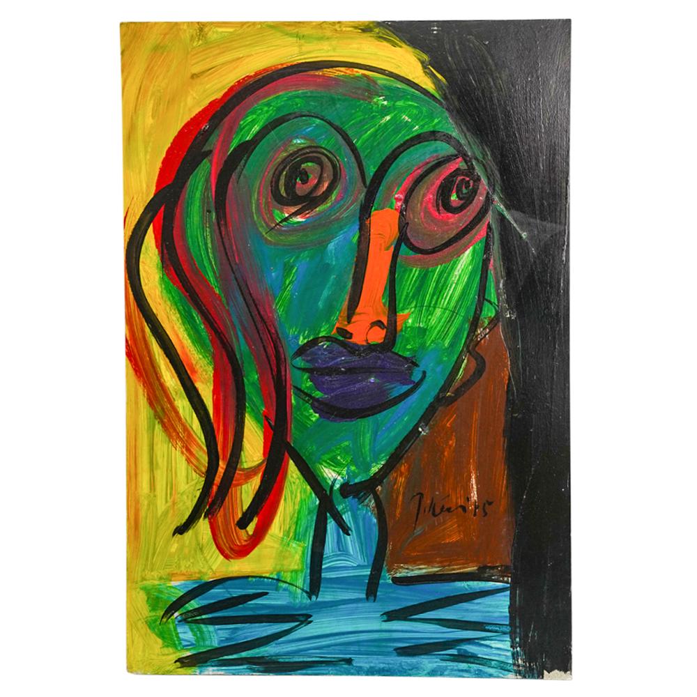 Peter Keil (B. 1942) Polychrome Bug Eyed Portrait Oil On Board (1 of 9)