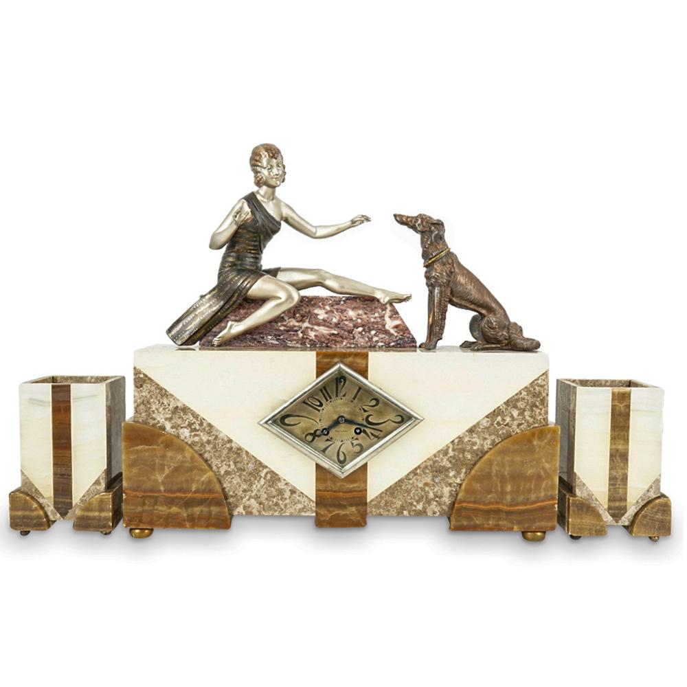 (3 Pc) Art Deco Chiparus Style Mixed Metal And Hard Stone Clock Set (1 of 18)