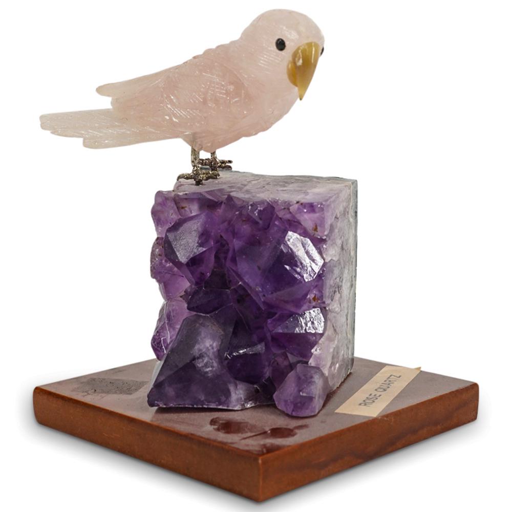 Hand Carved Rose Quartz Parrot Bird Figurine On Amethyst (1 of 5)