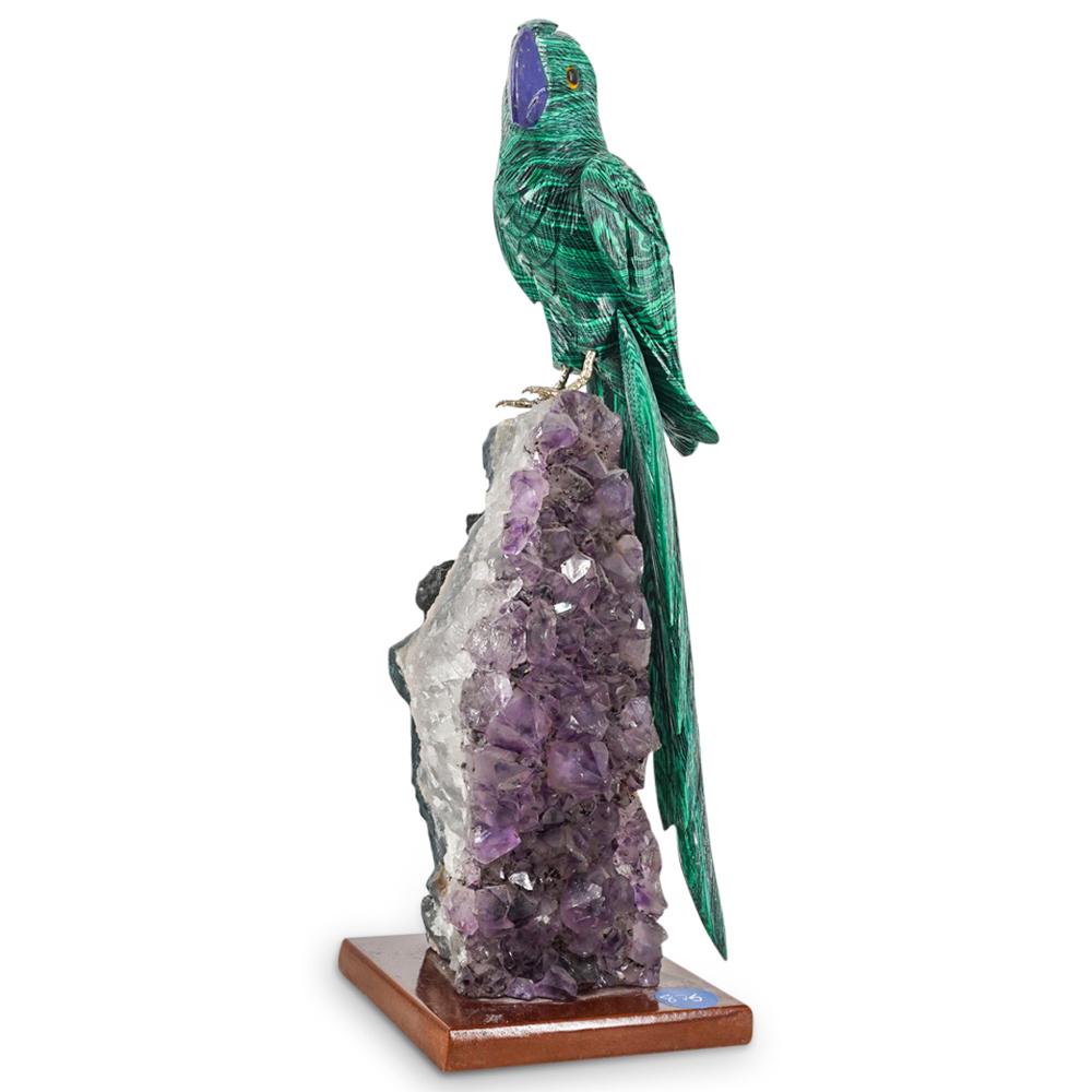 Hand Carved Malachite Gemstone Parrot Bird Figurine On Amethyst (1 of 5)