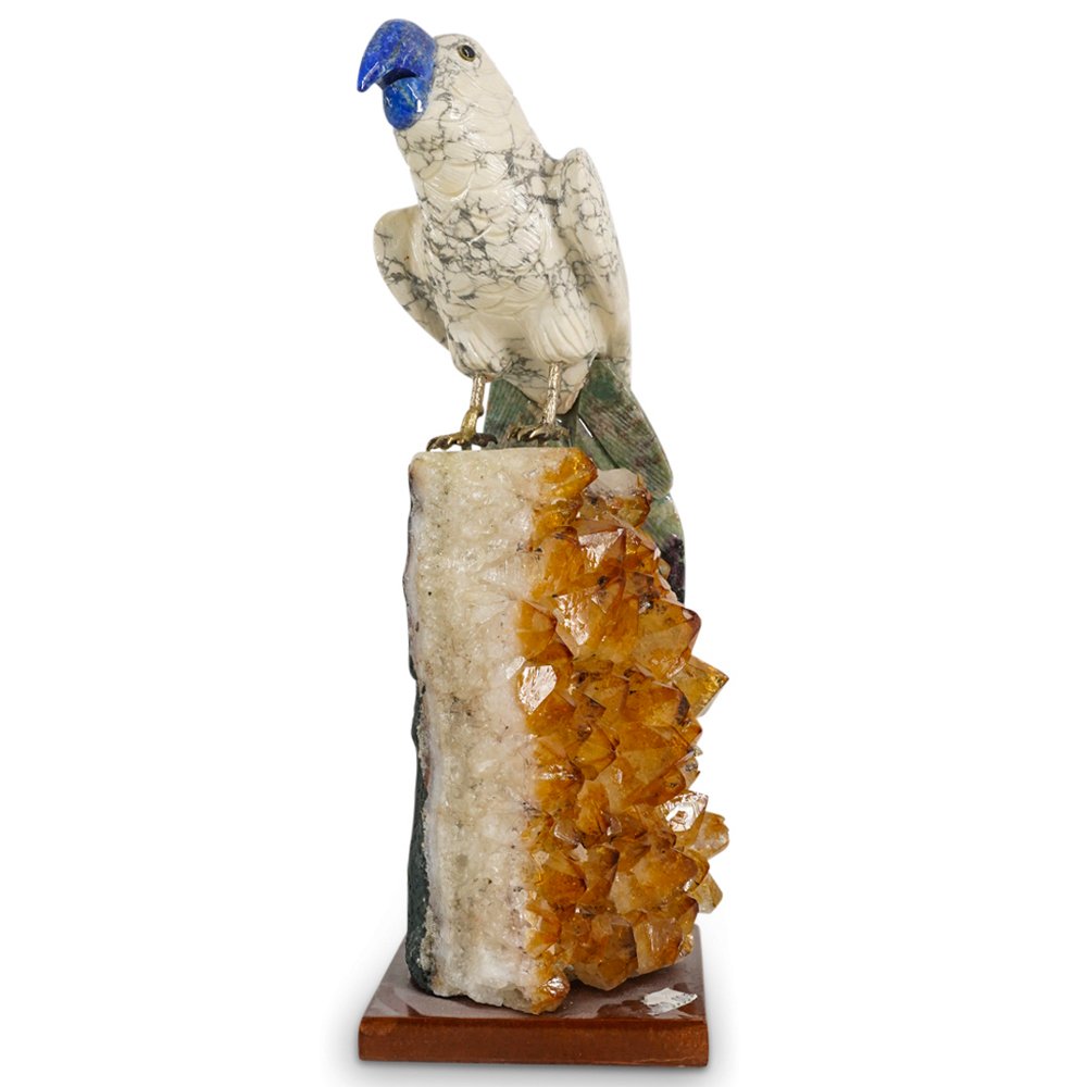 Hand Carved Gemstone Parrot Bird Figurine On Yellow Citrine Geode (1 of 6)