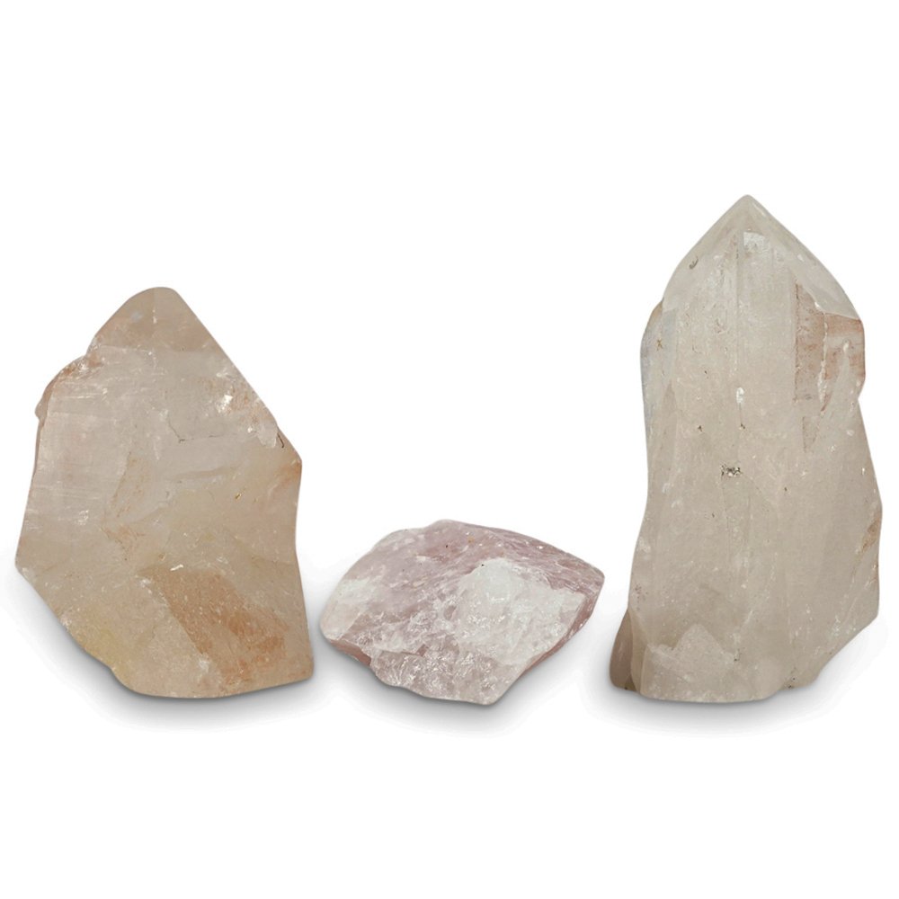 (3 Pc) Clear / Rose Rock Crystal Quartz Clusters Grouping Set (1 of 6)