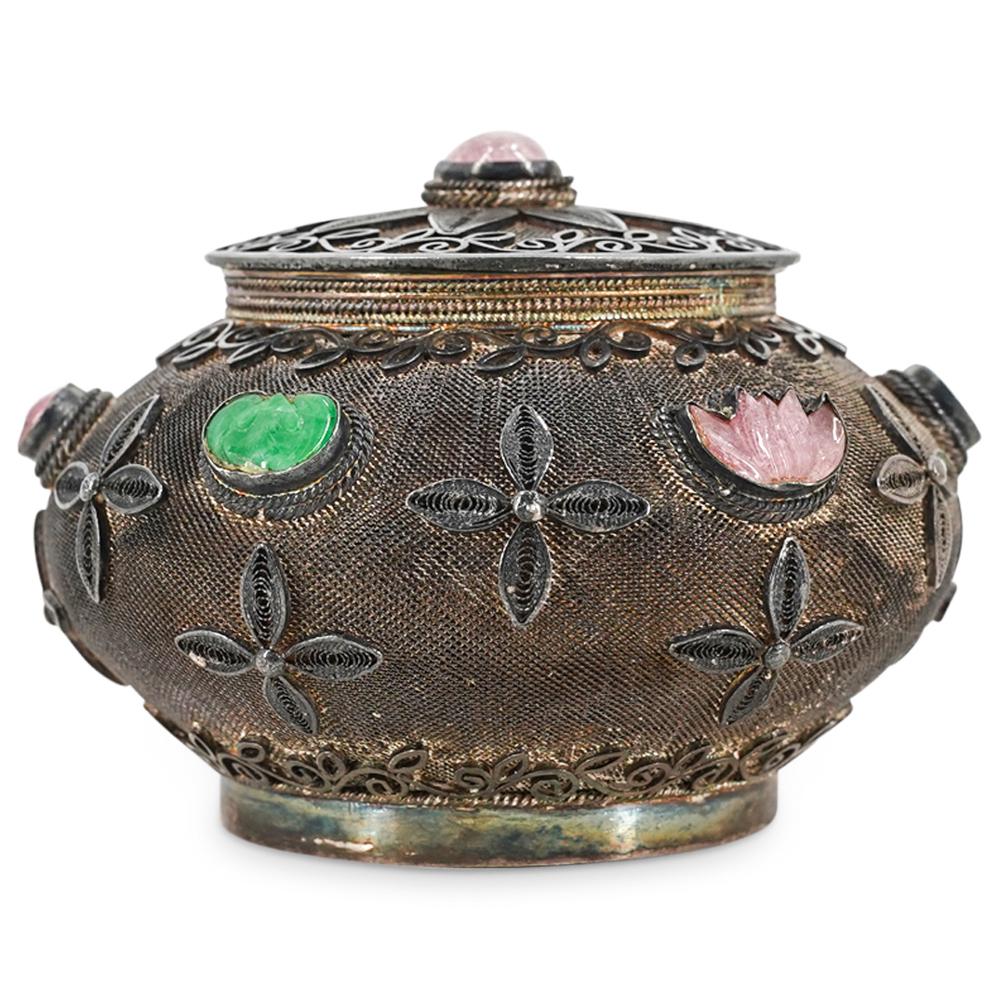 Chinese Export Silver Filigree & Gemstone Covered Box (1 of 6)