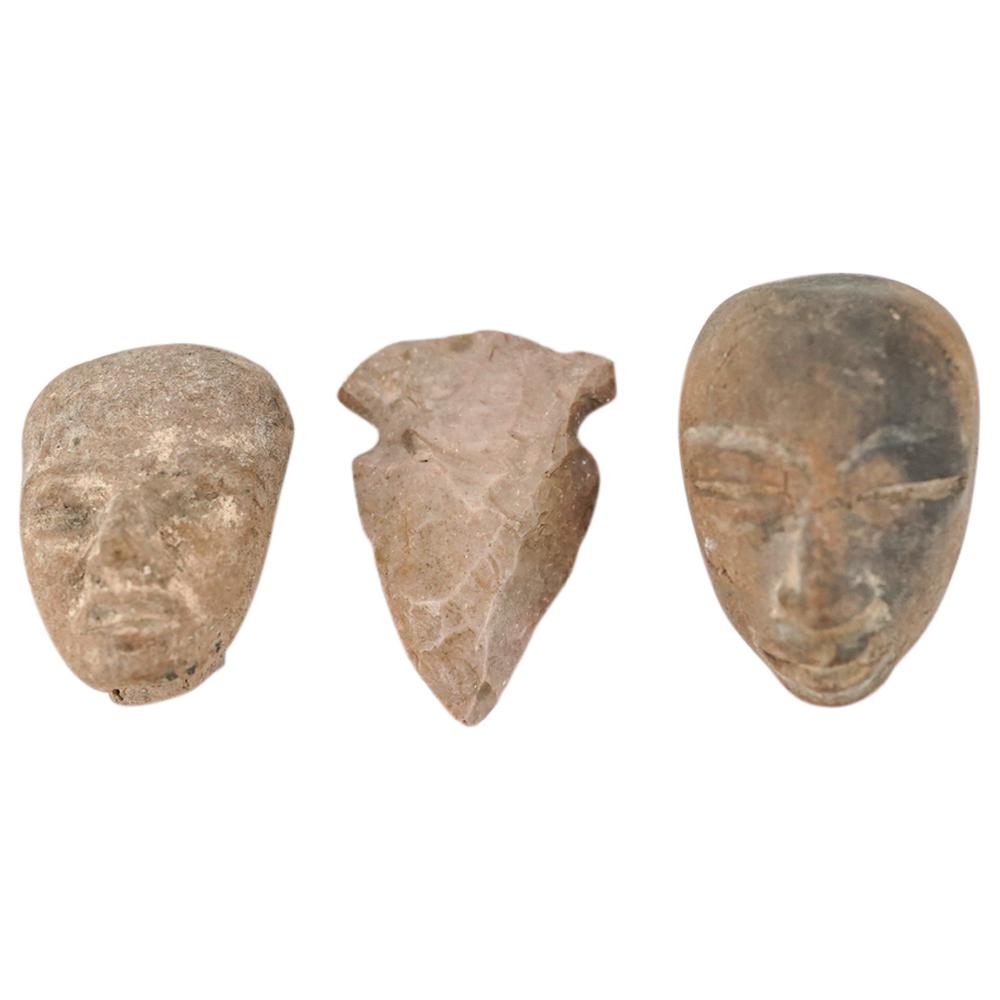 (3Pc) Ancient Pottery Heads & Arrowhead (1 of 4)
