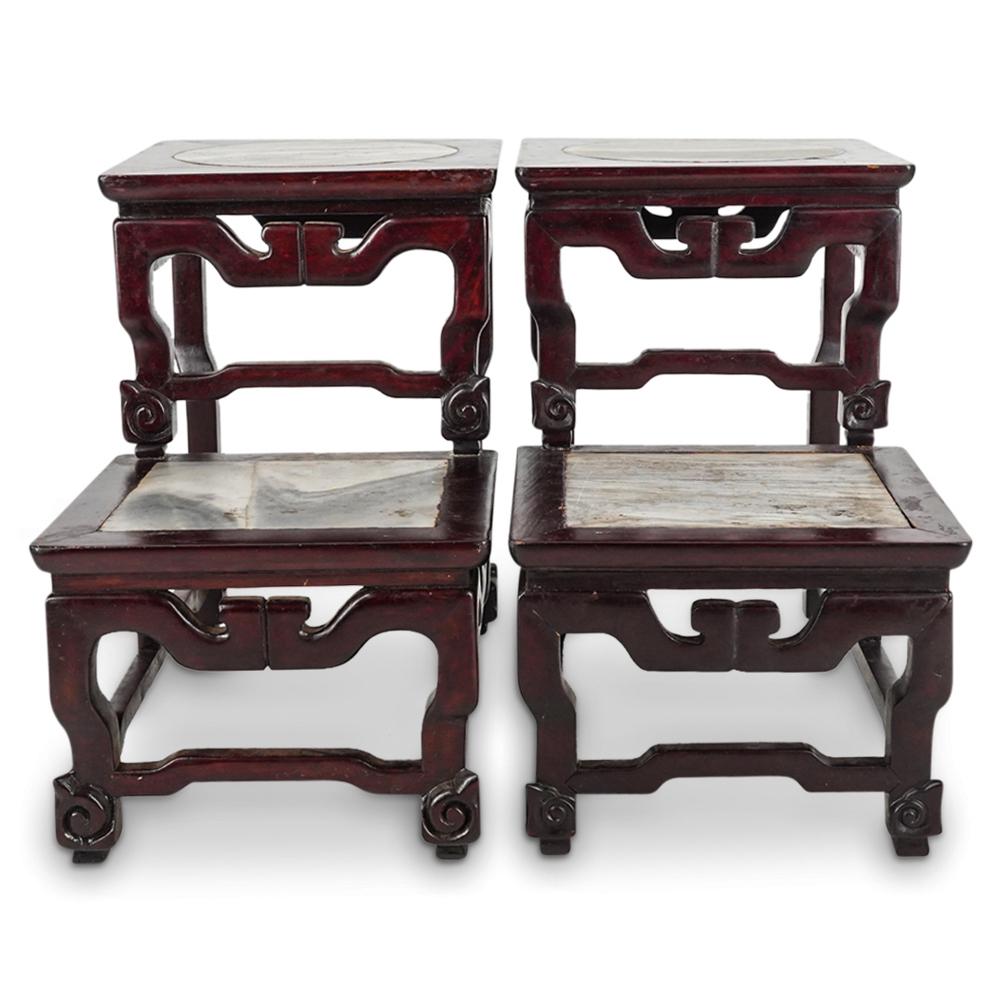 (2 Pc) Chinese Tiered Carved Wood & Marble Display Pedestals (1 of 7)
