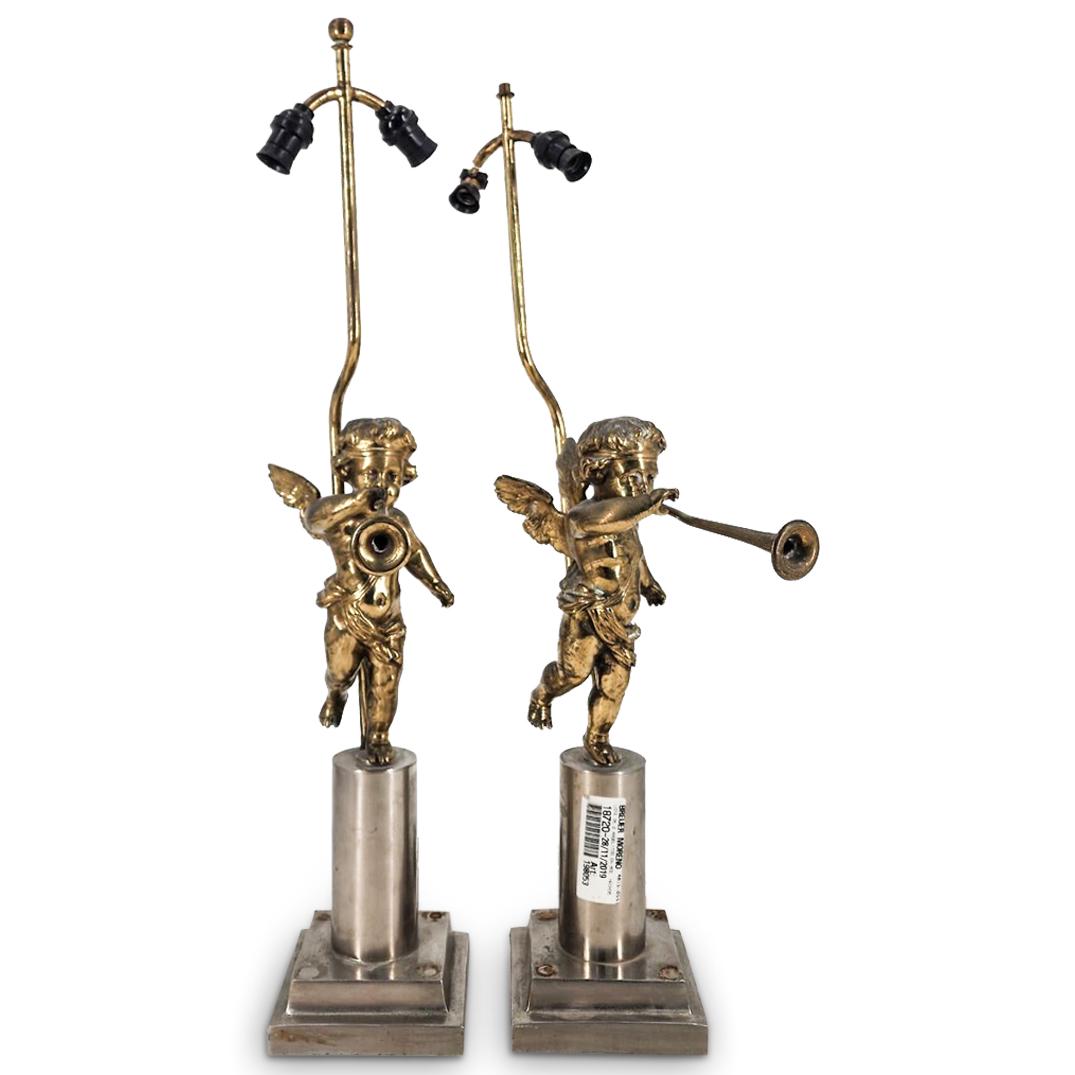 (2 Pc) Brass Putti Cherub Figural Table Lamps (1 of 9)