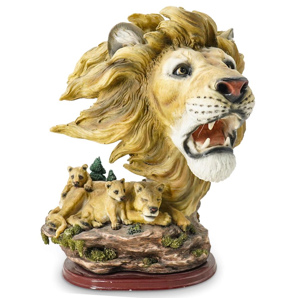 Painted Composite Lion Sculpture On Wooden Base (1 of 7)