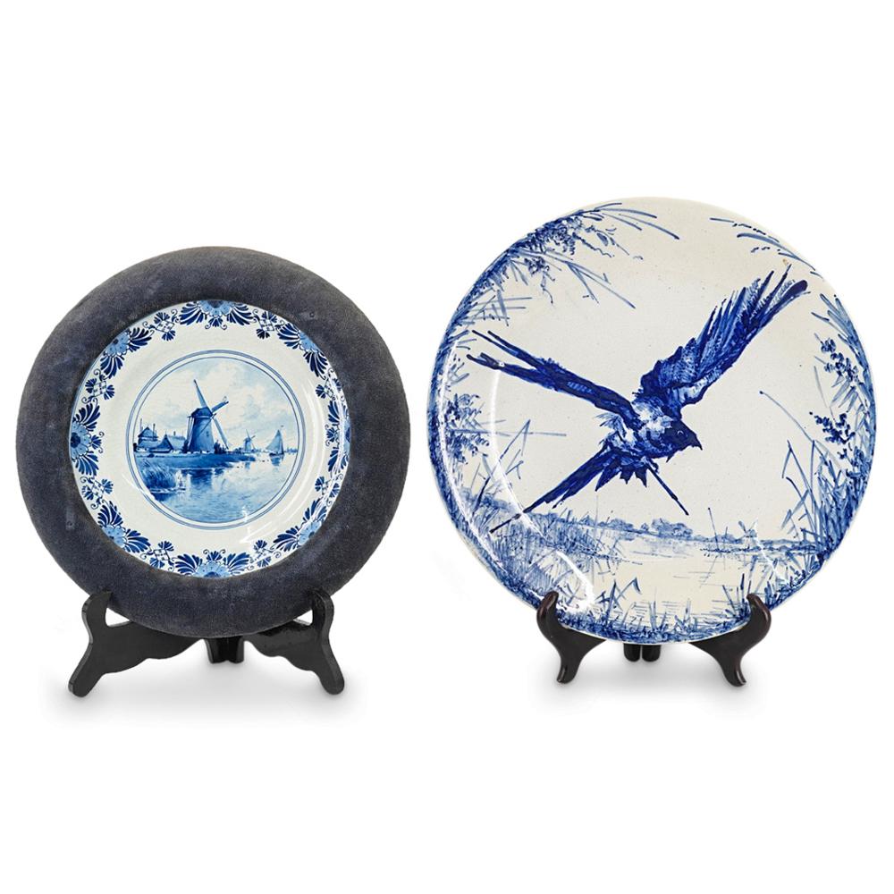 (2 Pc) Antique Delft Blue & White Ceramic Wall Plates (1 of 14)