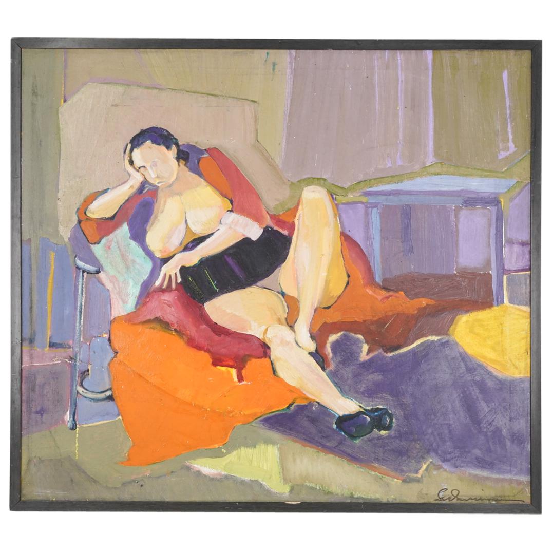 Lee & Fred Silton Oil On Canvas Painting: DESCRIPTION: Oil on canvas painting by Lee Silton & Fred Silton (American) depicting a reclining, partially nude woman. Signed at lower right. On verso: "Lee Eich. 219" and "Fred + Lee Silton # 9515".