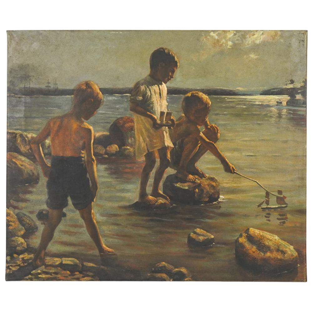 After A. Edelfelt "Boys Playing Upon the Shore" Oil Painting On Canvas (1 of 4)