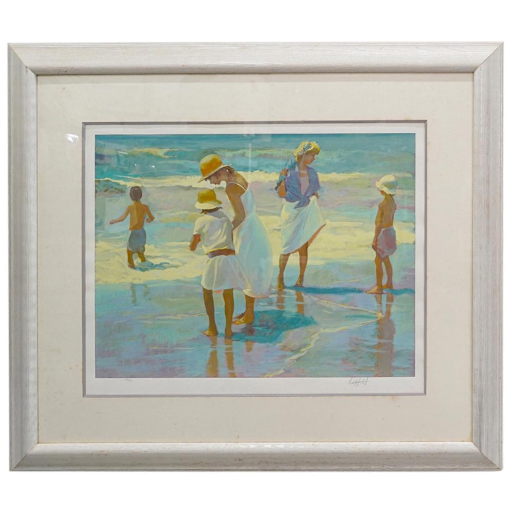 Don Hatfield Limited Edition Lithograph: DESCRIPTION: Signed limited edition lithograph by artist Don Hatfield, depicting leisure figure by the seashore. Signed on the right bottom corner and numbered 106 from a total of 150 numbered pieces.