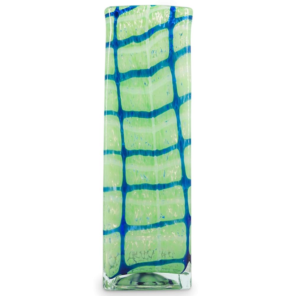 Murano Art Glass Square Vase: DESCRIPTION: Murano art glass square vase featuring rectangular form, green color and blue and white net patterns.CIRCA: Mid - Late 20th CenturyORIGIN: ItalianDIMENSIONS: H: 16" W: 5" L: 5"-CONDITION:
