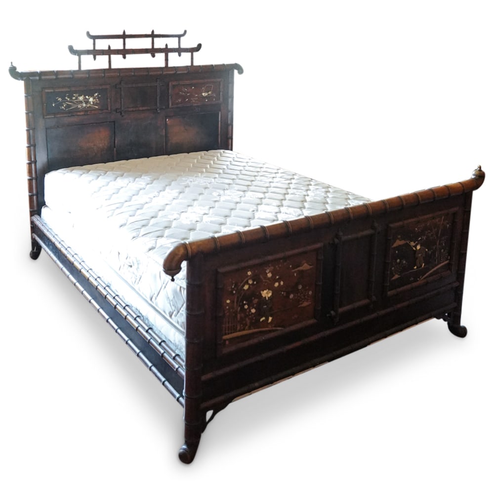 French Japonisme Shibayama Inlaid Bamboo Motif Bed Frame (1 of 9)