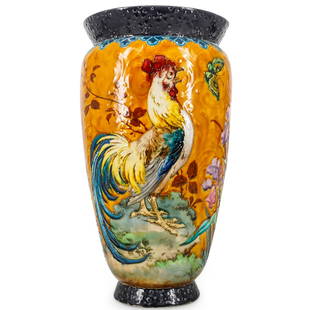 Art Nouveau French Enameled Porcelain Vase, Jean Benard: DESCRIPTION: Art Nouveau Jean Benard MLA Theodore Deck style porcelain vase featuring a yellow ground decorated with enameled butterfly, floral, and rooster motifs and a lip and foot in shades of indi