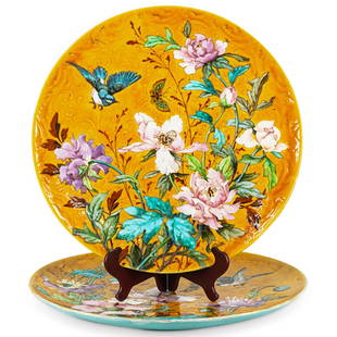 Art Nouveau Theodore Deck Style Chargers, Jean Benard: DESCRIPTION: Art Nouveau Jean Benard MLA porcelain chargers each featuring a yellow ground decorated with enameled butterfly, floral, and bird motifs and a sky blue glazed underside. Signed "J. Benard