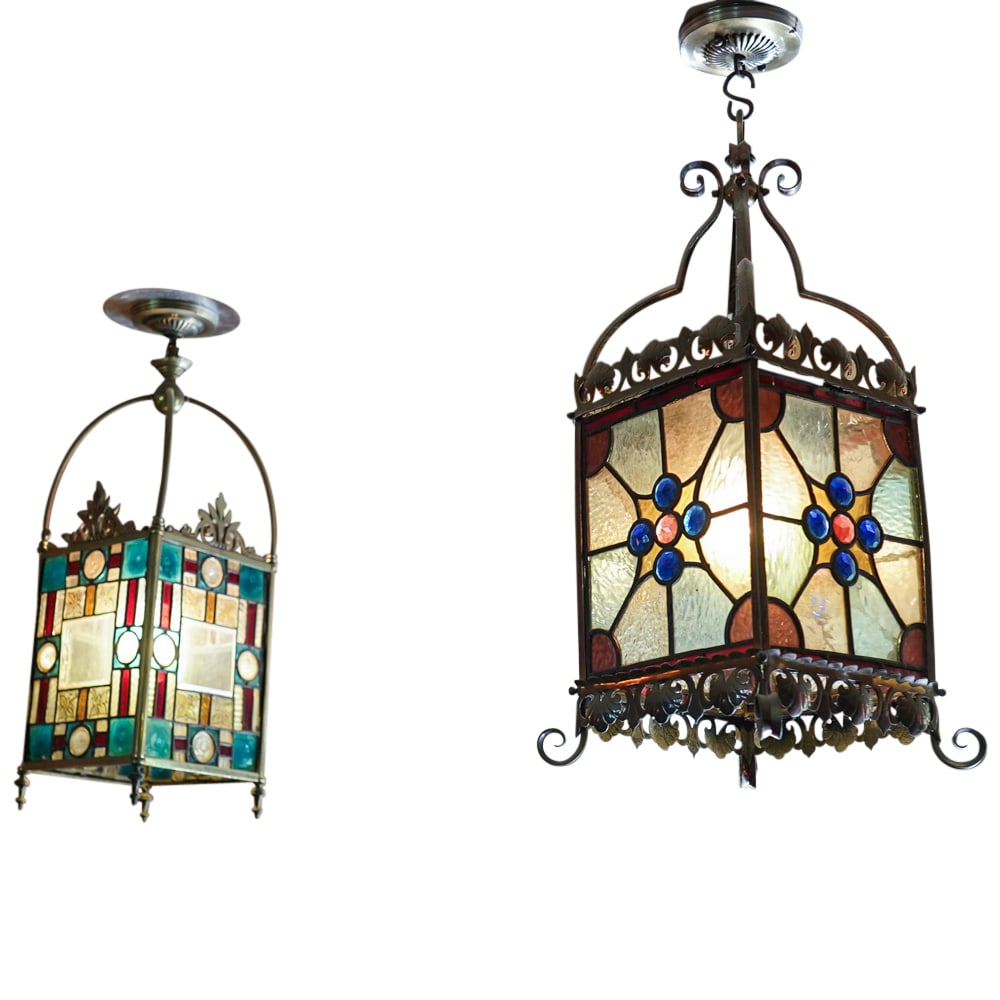 (2Pc) Victorian Brass & Stained Glass Hall Lanterns (1 of 9)