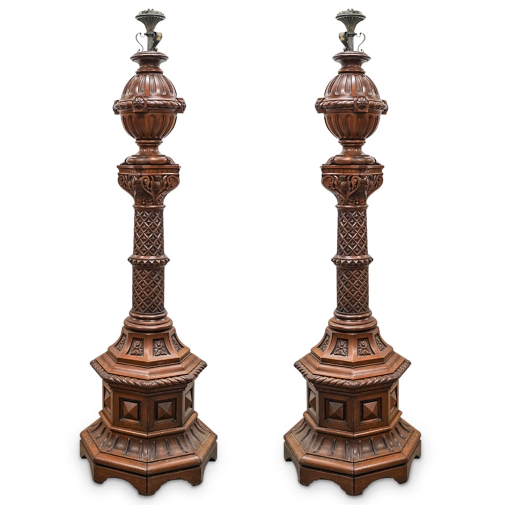 Pair Of 19th C. French Gothic Revival Carved Wood Floor Lamps (1 of 7)