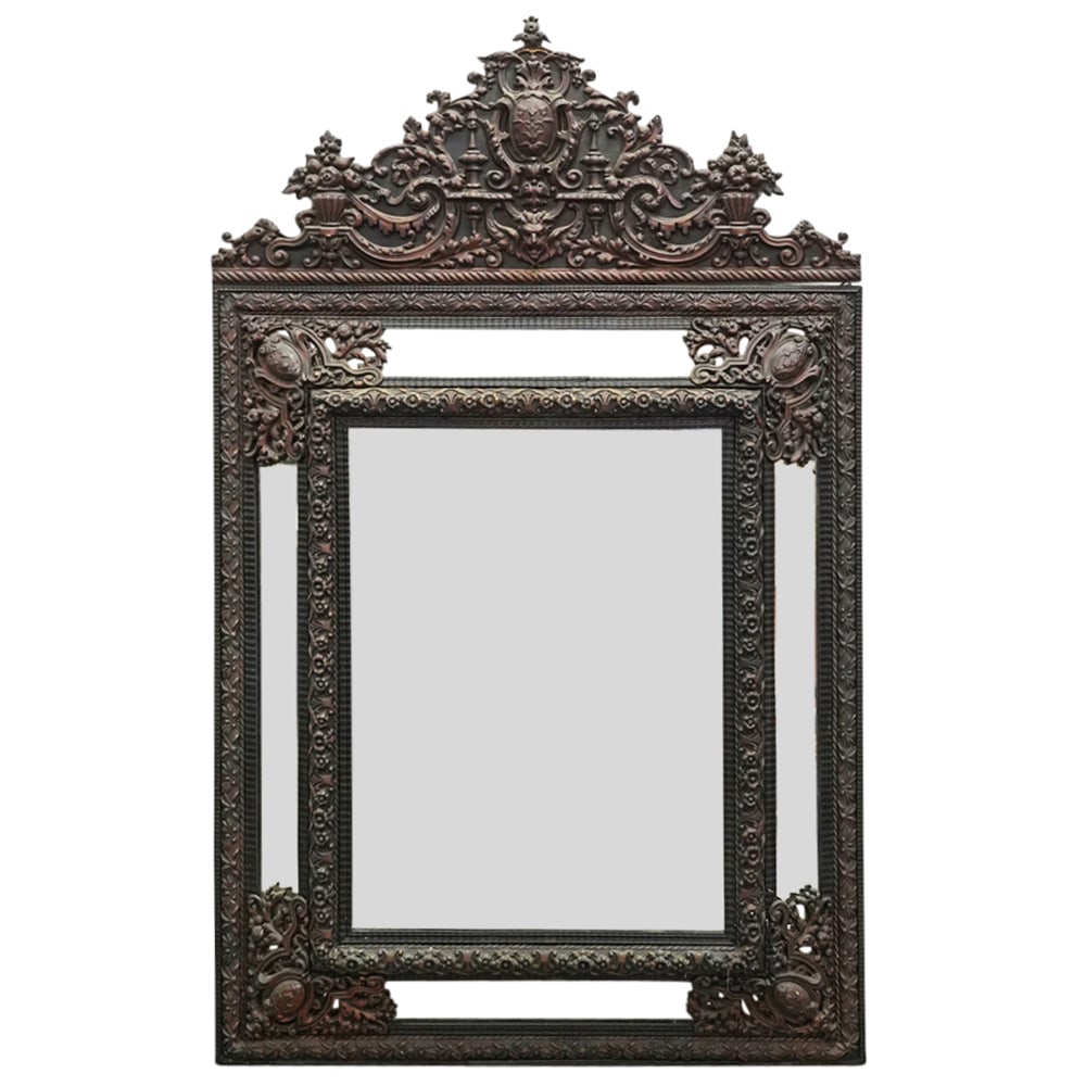 19th Century French Napoleonic Carved Wood Mirror: DESCRIPTION: Antique Napoleonic wall mirror featuring one main mirror proper bordered by narrower mirror insets above, below, and at its flanks, all mounted in a carved wooden frame adorned with patin