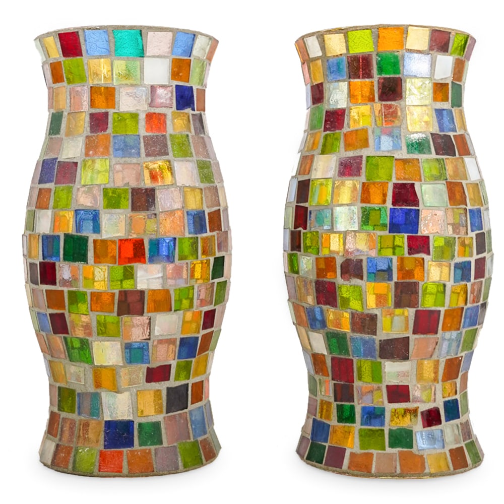 (2 Pc) Ercole Barovier Stained Glass Mosaic Hurricane Lamps (1 of 4)