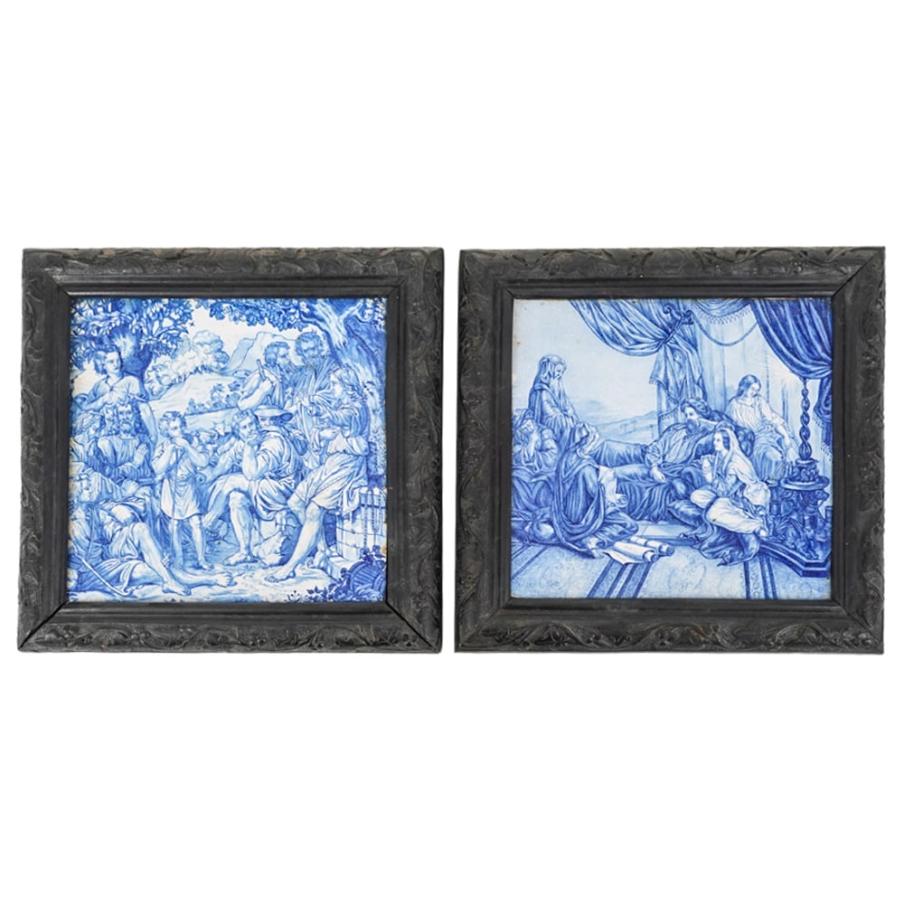(2 Pc) Antique Blue & White Porcelain Framed Tile Plaques (1 of 4)