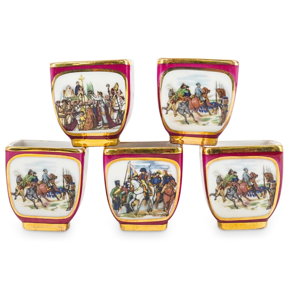 (5 Pc) Limoges Porcelain Liquor Shot Cups: DESCRIPTION: (5 Pc) Limoges porcelain liquor shot cups with square rim, with a dark magenta colored body and embellished with printed French historical themes. Further embellished with painted gilt be