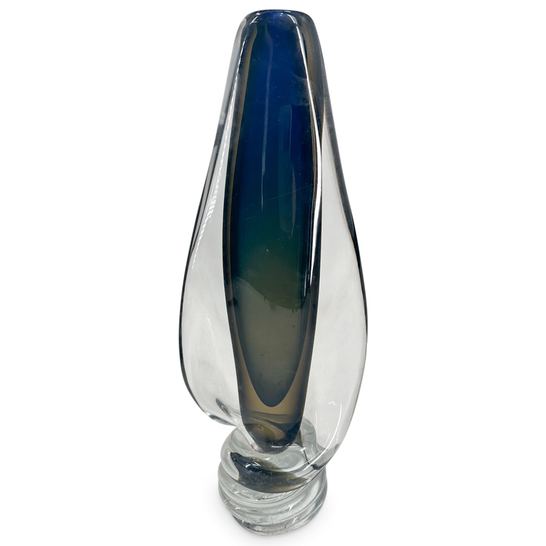 Vintage Murano Sommerso Art Glass Vase: DESCRIPTION: Vintage Murano Sommerso art glass vase in clear glass with cobalt blue and smoke sommerso interior. CIRCA: 20th Century DIMENSIONS: H: 15 1/2" W: 6" CONDITION: Good condition. See lot des