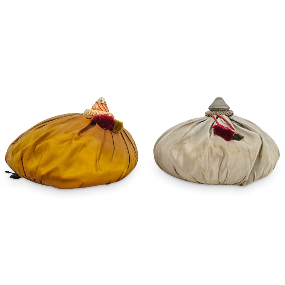 (2 Pc) French Vintage Taffeta Door Stop Pillows: DESCRIPTION: (2 Pc) Pair of vintage French door stopper pillows in grey and bronze taffeta. With label from Charles Jouffre. Paris. CIRCA: 20th Century ORIGIN: France DIMENSIONS: H: 3 3/4" W: 7" CONDI