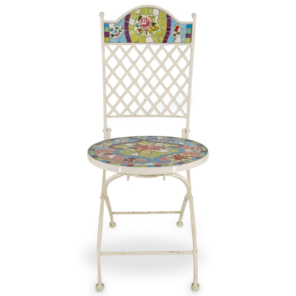 Vintage Ceramic Mosaic Metal Folding Chair: DESCRIPTION: Ceramic Mosaic metal folding chair, with a white painted metal frame and multicolores ceramic mosaic motifs depicting additional floral painted accents. CIRCA: 20th Century DIMENSIONS: H: