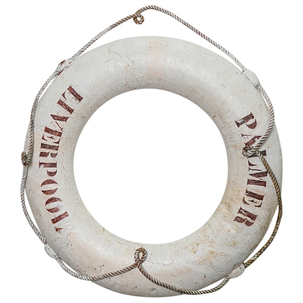 Vintage British Maritime Life Preserver Ring Buoy: DESCRIPTION: Vintage British Maritime life preserver. The float is painted in white with inscription "Liverpool and Palmer" in reddish brown color. CIRCA: 20th Century ORIGIN: England DIMENSIONS: W: 2